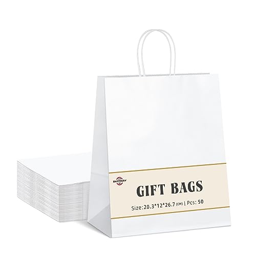 Switory Bolsa de papel Kraft de 50 piezas con asas, bolsa de regalo de compras blanca de 20x12x26,5cm con asas retorcidas para fiesta, embalaje, personalización, transporte, venta al por menor