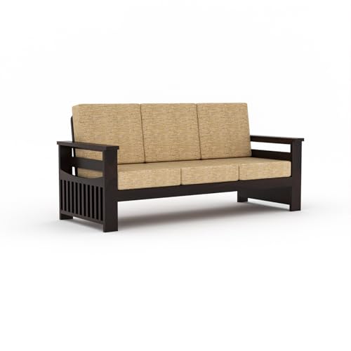 Image of Sheesham Wooden 3 Seater Sofa for Living Room | Rosewood 3 Seater Cushion Sofa Side Half Moon Rack | Solid Wood Sofa Set for Lounge (3 Seater,Walnut)