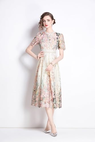 Image of LAI MENG FIVE CATS Women's Lace Floral Short Sleeve Crochet Waist Cocktail Midi Dress
