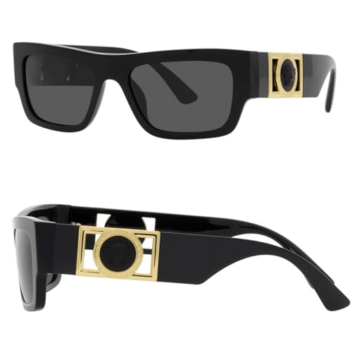 Versace VE4416U 53mm Non-Polarized Rectangle Sunglasses for Men – Black Acetate Frame with Black Temples, 100% UV Protection, Lightweight & Comfortable Sunglasses, eShades Eyewear Kit Included