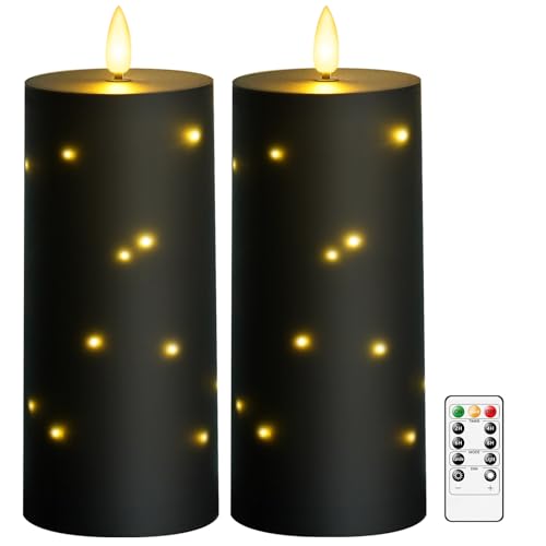 Image of kakoya 10 inch x 4 inch Large Outdoor Waterproof Flickering Flameless Candles with Timer,2Pcs Battery Operated LED Pillar Candles with Embedded Star String for Outdoor Lanterns,Porch,Patio Decor(Black)