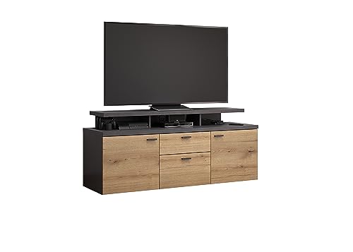 trendteam smart living Mueble bajo para televisión, Material de Madera, Roble Coast Evoke con Matera Gris, 151 x 66 x 47 cm (BxHxT)