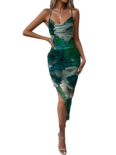 GORGLITTER Women's Mesh Ruched Bodycon Birthday Midi Dress Tie Dye Asymmetrical Party Going Out Wedding Guest Dresses
