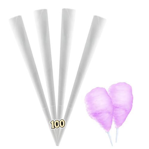 Image of White Cotton Candy Cones - Sturdy and Long-Size Paper Cones - Perfect for Holding Fluffy, Spun Cotton Candy at Events, Parties, Carnivals, and More - Durable Design - 100 Count