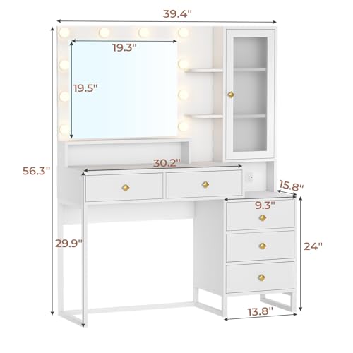 Tiptiper Makeup Vanity Desk with Mirror and Lights & Charging Station, White Vanity Table with 5 Storage Drawer & Glass Door & 3 Shelves for Bedroom, Modern White
