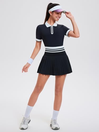 Image of Tennis Skirt Sets for Women Zipper Color Block High Waisted Golf Polo Two Piece Skirt Set Women 2 Piece Outfits