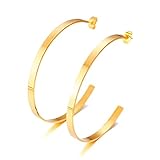 Fashion 55mm Drop Dangle Large Hoop Earrings for Women Dainty 14k Gold Plating Stainless Steel Basketball Chunky Flat Hoops Personalized Half Open Endless Stud Hoop Earrings for Mom Wife Christmas