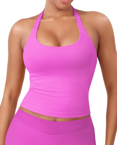 Image of YEOREO SoftHue Women's Impact Halter Tank Top Longline Backless Scoop Neck Built-in Bra Sports Workout Gym Crop Top