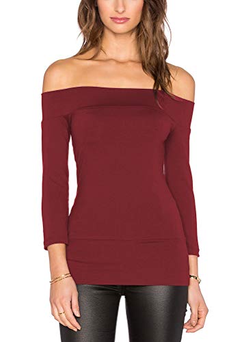 Mippo Women's Sexy Slim Fit Stretchy Off Shoulder Long Sleeve Blouse Tops Shirt Womens Tunic Sweater Open Back Sweater for Women Wine Red L