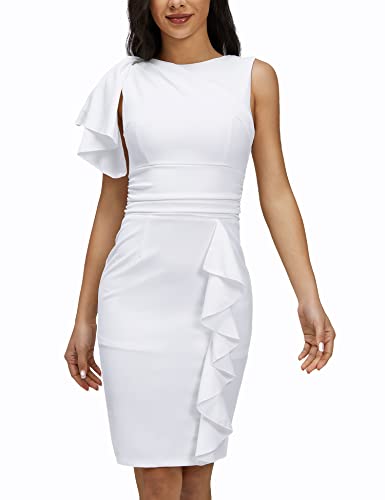 Muxxn Women's Vintage Pencil Midi Ruffle Round Neck Sleeveless Sheath Retro Wear To Work Office Cocktail Dresses Off White M #TOP2