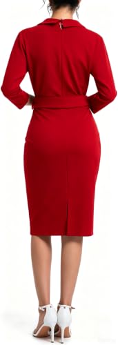 Image of SxClub Dresses for Women 3 /4 Sleeve Business Knee Length Pencil Dress | Women's Elegant Dress Wear to Work Sexy V Neck Cocktail Evening Fall Outfits with Belt