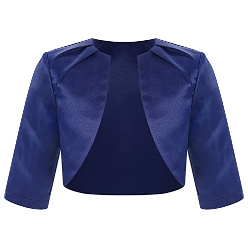 Kids Flower Girls 3/4 Sleeve Open Front Satin Cardigan Shrug Pleated Elegant Bolero Wedding Party Dress Coat