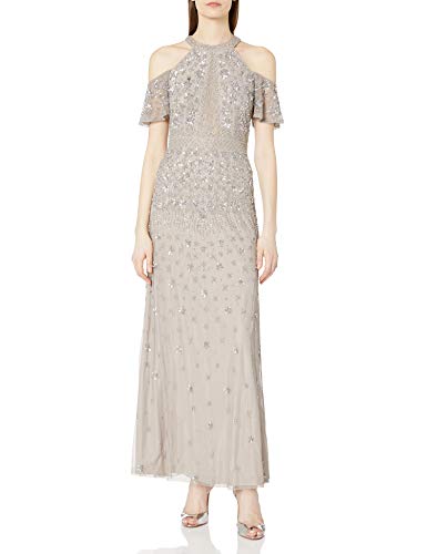 Adrianna Papell Women's Cold Shoulder Bead Dress, Platinum, 4