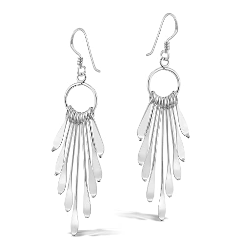 AeraVida Shimmering Fan Statement Sterling Silver Dangle Boho Earrings, 0.79x2.28 in