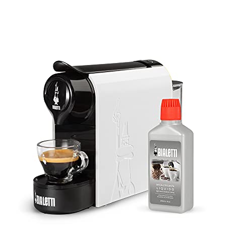 Bialetti Gioia, Macchina da Caffè Espresso per Capsule in Alluminio sistema Caffè d'Italia, Supercompatta, Bianco + Decalcificante, Accessorio macchina del caffè