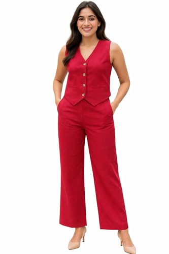 Image of JAIPURFAME Women's Trendy V-Neck Waistcoat With Trousers, Stylish Formal Two-Piece Outfit,Women's Smart Formal Wear Set