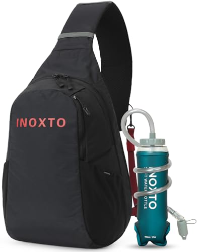 IX INOXTO Crossbody Sling Bag for Men Women,Sling Backpack Shoulder Chest Bag Daypack with 500ML Soft Flask for Hiking Travel (Black With 500ML)