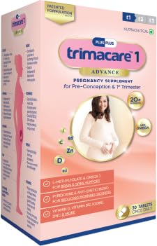 Trimacare 1 Prenatal Multivitamin for Pregnancy | L-Methyl Folate, Folic Acid, DHA & Choline | Vegan Omega-3 for Baby’s Brain & Neural Tube | For Preconception & 1st Trimester | 30 Tablets | Pack of 1 |
