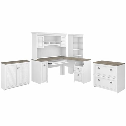 Bush Furniture Fairview 60W L Shaped Desk with Hutch, File Cabinet, Bookcase and Storage in Pure White and Shiplap Gray