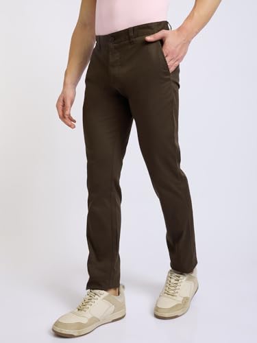 Image of Parx Men Low Rise Tapered Fit Solid Pattern Cotton Blend Flat Front Casual Trouser