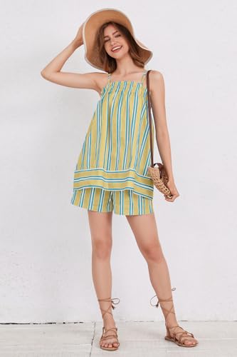 Image of calbatic Women 2 Piece Lounge Set Striped Summer Pajama Set Sleeveless Peplum Cami Top and Wide Leg Shorts Set Beachwear