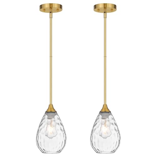 SADUENFR Brushed Gold Pendant Lights Kitchen Island 2 Pack, Modern Glass Pendant Light Fixtures with Hammered Glass and Rods, Adjustable Brass Hanging Light for Kitchen Sink Dining Room Bathroom