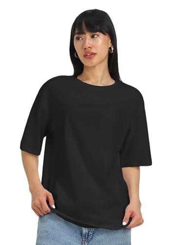 Image of JUNEBERRY Pure Cotton Oversized Baggy Fit Half Sleeve Drop Shoulder Plain Solid Round Neck T-Shirt for Women (Available in Black, White, Lilac, Cork, Maroon, Royal Blue, Swan White, Soap Nut Colors)
