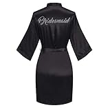 FADTOP レディース ショート着物ローブ 花嫁 ブライズメイド サテン 準備 ドレッシングガウン シルキー バスローブ シルバーラインストーン付き, ブラック, One Size