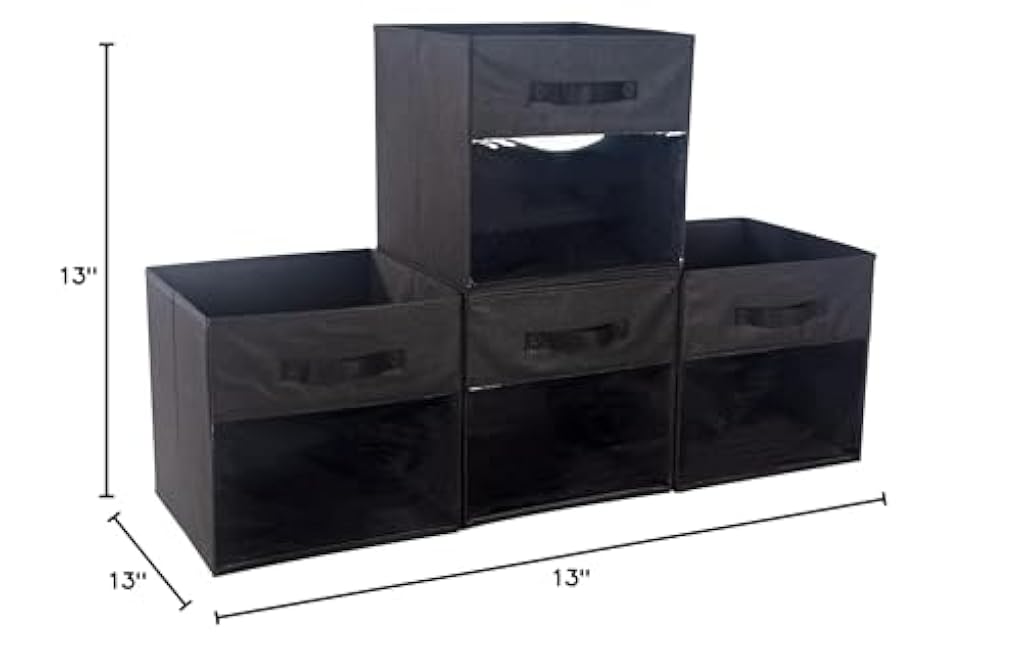 Cube Storage Bin 4 Pack with Clear Window Large Boxes Basket with Handles Fabric Closet Organizer 13 x 13 x 13 Black