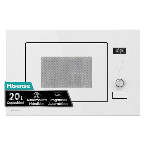 Hisense BIM320G52WG - Microondas integrable, 20L, Fondo 35cm, Autolimpieza Hidrolítica, Programas Automáticos, Cocción Multietapa, Descongelado por Tiempo y Peso, Cristal Blanco