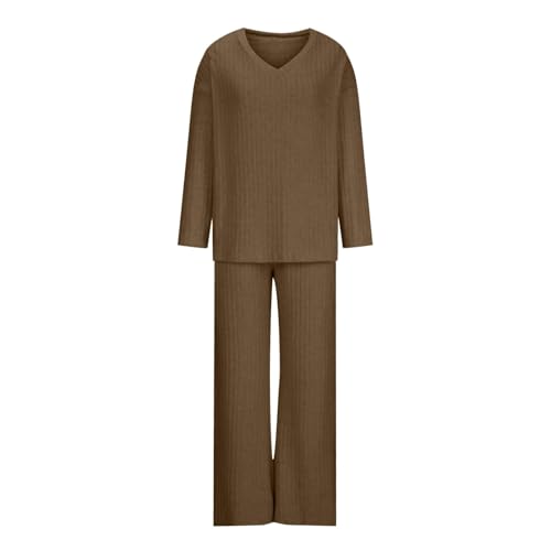 Mobeur 2 Pieces Tracksuit Ribbed Knit Full Set Ladies Winter Pjs Sets Co Ord Sets for Women V Neck Long Sleeve Jumper and Wide Leg Pants with Pockets Solid Color Leisure Suits Nightwear