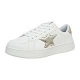 Niluber Star Sneakers for Women Low Top Comfortable Cushioned White Gold Sliver Leopard Platform Sneakers Lace Up Red Glitter Platform Party Shoes(White,8)