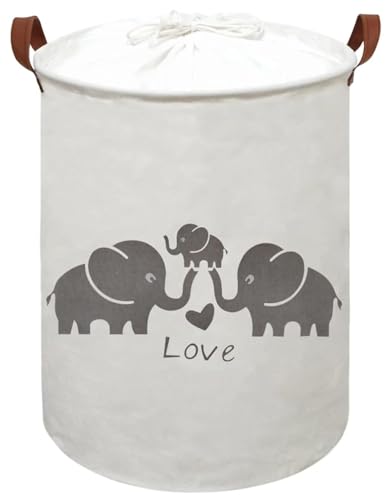 Image of HIYAGON 19.7" x 15.7"Laundry Basket,Round Cotton Linen Storage Bin with Drawstring Cover for Bathroom/Closet/Toys Storage(Elephants)