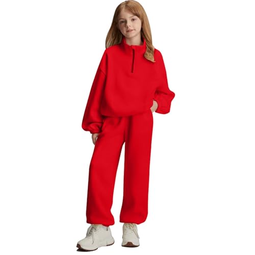 Kids Sweatsuit,Girls Fashion,Girls Half Zip 2 Piece Sweatsuits - Teen Kids Sweatshirts and Jogger Sweatpants Casual Sweat Set Daily Outfits,9-10 Years,01-Red