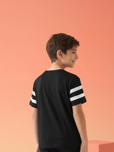 Image of Li'l Tomatoes Boys 100% Cotton Night Suit Set | Half Sleeve T-Shirt & Shorts | Color Block & Typography Print | Soft & Breathable Sleepwear | Casual Summer Wear | 9-16 Years