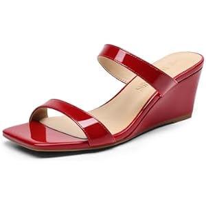 DREAM PAIRS Women Slides Wedge Sandals Square Open Toe Dress Casual Strappy Shoes 6 Red-pat