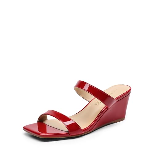 DREAM PAIRS Women Slides Wedge Sandals Square Open Toe Dress Casual Strappy Shoes 6 Red-pat