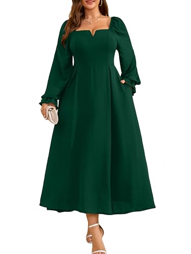 RWJ Plus Size Maxi Dress, Wedding Guest Dresses for Women 2025 Long Sleeve V Neck Smocked Flowy Aline Empire Waist Fall Formal Dresses with Pockets Green X-Large