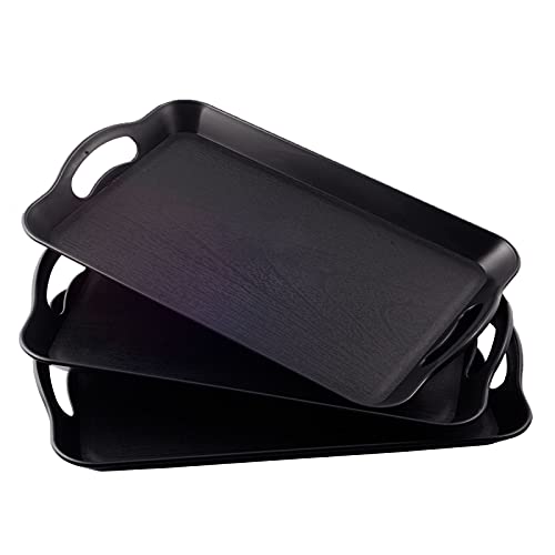 LEEHOWA 3 Pack 14 inches Plastic Tray with Handles Rectangle Serving Set, Multipurpose Waterproof, Non Slip Trays for Food, Parties, Coffee Table, Buffets, Breakfast(Black Wood Grain)