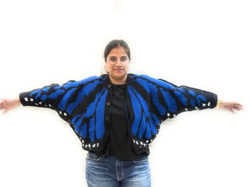 Image of Monarch Butterfly Wing Cardigan, Blue and Black Crochet Knit, Batwing Sleeve, Button-Front Shrug Jacket for Women