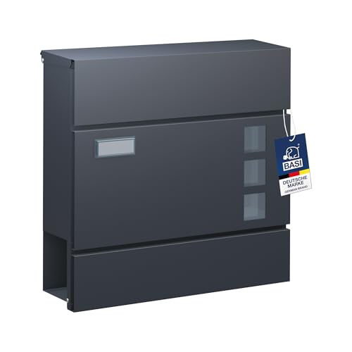 BASI | Briefkasten mit Softclose Klappe, Sichtfenster & Namensschild | DIN A4 Einwurf | inkl. 2 Schlüssel | integriertes Zeitungsfach | H37 x B37 x T10,4 cm | anthrazit | Wandbriefkasten Postkasten