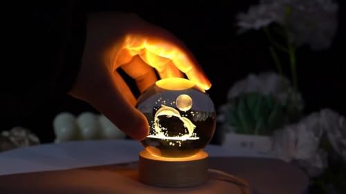 Image of Crystal Ball Lamp with Wooden LED Base | Engraved 3D Moon & Stars Night Light | USB Rechargeable Home Decor | Birthday Gift for Teens, Boys & Girls (Dolphin Lamp)