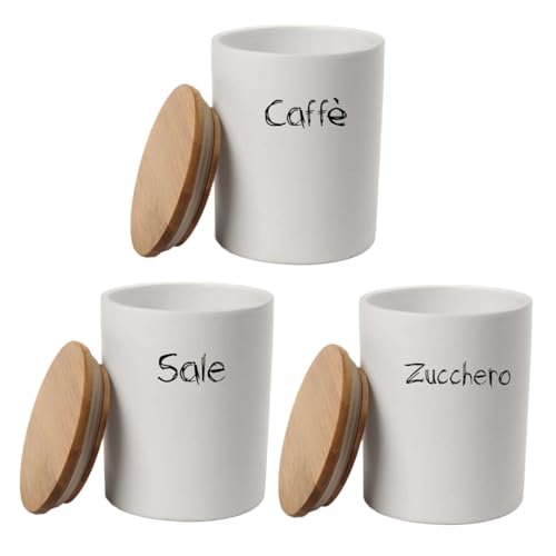 Maury's Tris Barattoli in Ceramica con Chiusura Ermetica ad incastro e Top in Legno di Dimensioni 9x12cm: Sale, Zucchero e Caffè (Tondo)