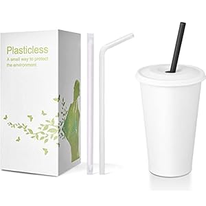 KTOB Disposable Paper Cups with Paper Lids and 100% Plant-Based Wrapped Compostable PLA Straws Eco friendly Flexible Drinking Straws and Cups for Iced Coffee Smoothie and Water