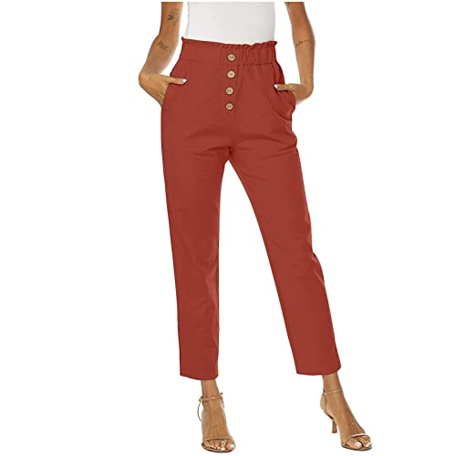 Uqrzau High Waist Pants For Women Casual, Athletic Pants Work Pants With Pockets Petite Work Pants Bootcut Women's Summer Pants Cotton Linen Waisted Pants Loose Fit Pocket Button (M, 1-Vermilion) #TOP9