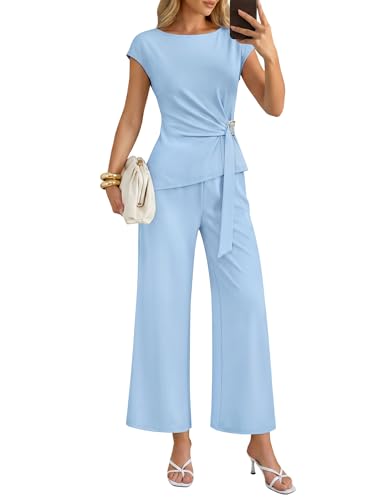 ZESICA Women's 2026 Summer 2 Piece Outfit Sets Casual Short Sleeve Knit Belted Tops and Wide Leg...