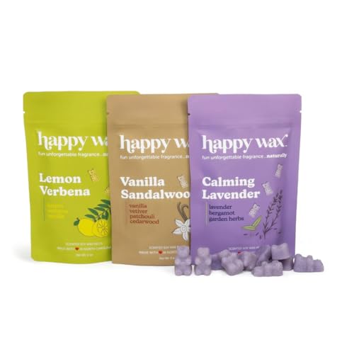 Happy Wax Fan Favorites Collection Scented Natural Soy Wax Melts – 6 Total Oz. of Scented Wax Melts, Collection Includes Lemon Verbena, Calming Lavender, and Vanilla Sandalwood