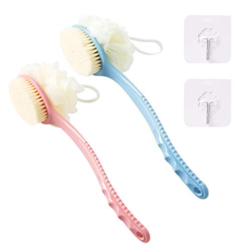 2 in 1 Shower Body Brush Long Handle with Comfy Bristles and Loofah for Skin Exfoliating Bath Massage, Wet or Dry Brushing for Women and Men with Hook(Pink and Blue)