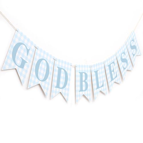 Blue Gingham God Bless Banner - Blue Gingham Baptism God Bless Decor First Christening/Communion/Religious Banner