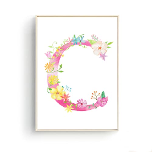 Affiche Lettre C Aquarelle Rose 35x50cm Deco Chambre Enfant Toile Florale Murale